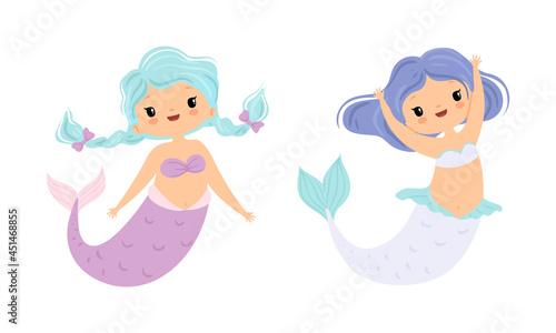 Mermaid with Waving Hair Floating Underwater Vector Set