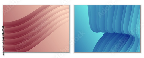 Abstract gradient waves background and folds. A set of 2 templates. 3D illustration in gentle pastel colors. Vector