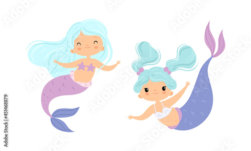 Mermaid with Waving Hair Floating Underwater Vector Set
