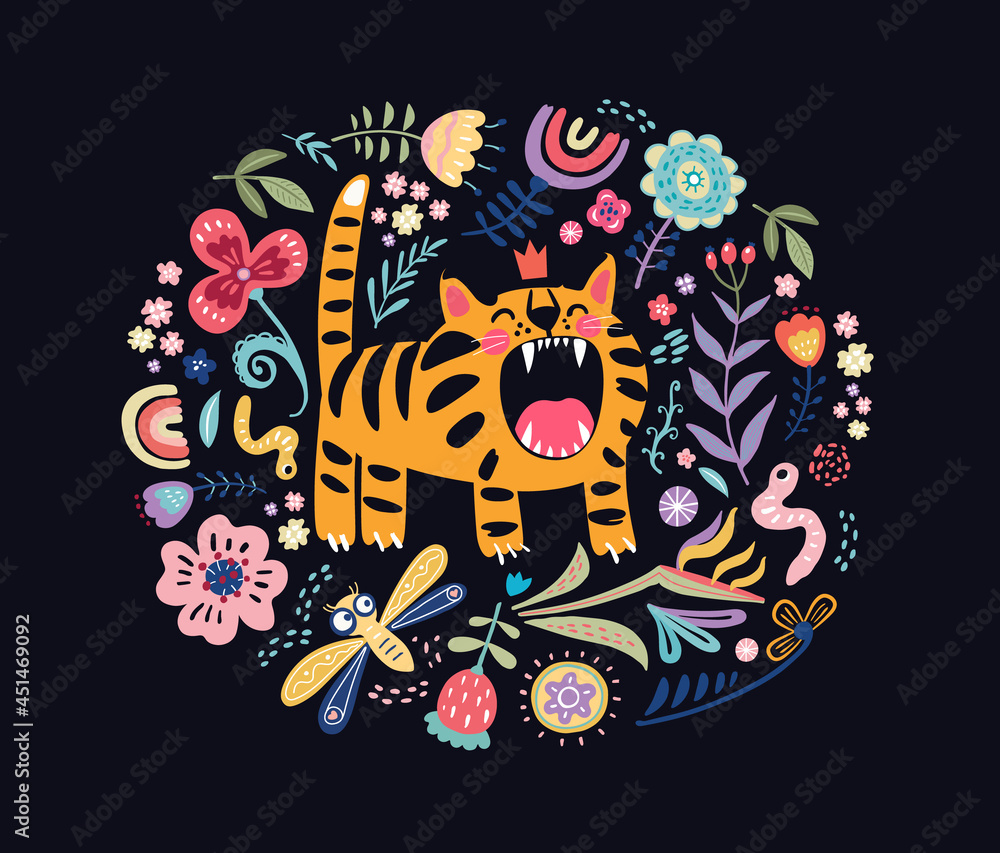 Angry tiger king in crown roaring with open mouth at blossom rounded frame vector flat illustration Angry tiger king in crown roaring with open mouth at blossom rounded frame vector flat illustration
