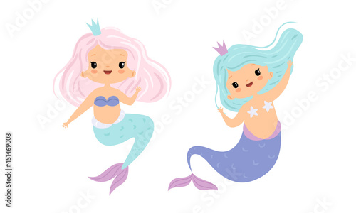 Cute Mermaid with Waving Hair Floating Underwater Vector Set