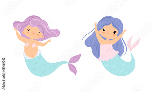 Cute Mermaid with Waving Hair Floating Underwater Vector Set