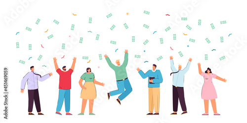 Happy business team rejoicing with money falling from above. Flat vector illustration. Men and women jumping and catching banknotes, winning lottery, making profit. Money, profit, income concept