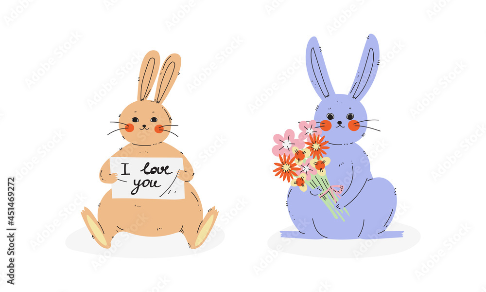 Cute Rabbit or Bunny with Long Ears Holding Bunch of Flowers and Greeting Card Vector Set Cute Rabbit or Bunny with Long Ears Holding Bunch of Flowers and Greeting Card Vector Set