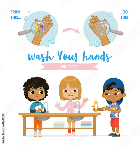 Kids wash hands infographics poster template vector illustration. Viral infection disease prevention