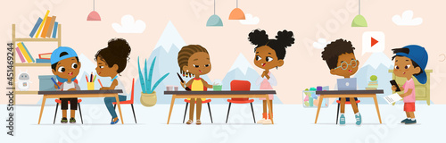 Group of African-American little kids at classroom doing entertainment educational activity vector flat