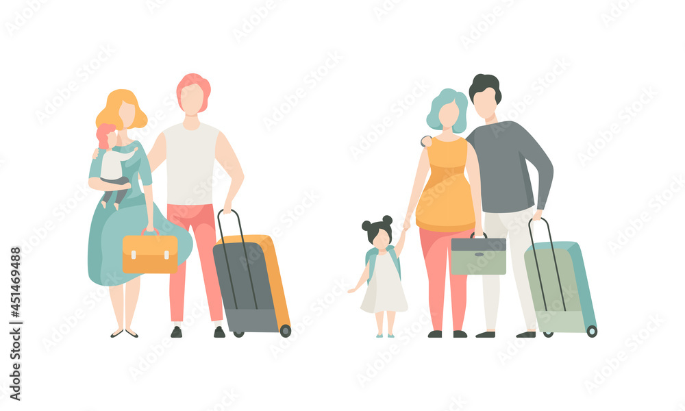 Fototapeta premium Family Travelling with Kids Pulling Suitcase Holding Child by Hand Vector Set