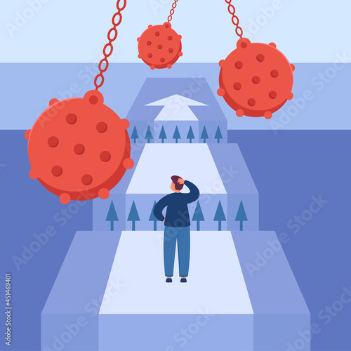 Fearless cartoon employee facing obstacles on career path. Brave businessman in front of chasm, determination to overcome adversity flat vector illustration. Success, courage, challenge concept photo