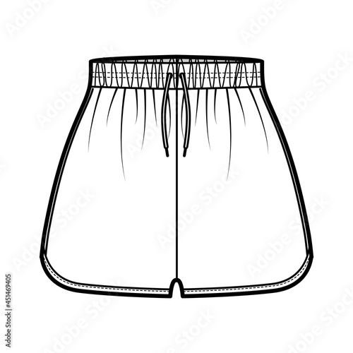 Sport training shorts Activewear technical fashion illustration with elastic normal waist, high rise, Flowy Split Hem, Relaxed fit. Flat bottom template front, white color style. Women men CAD mockup
