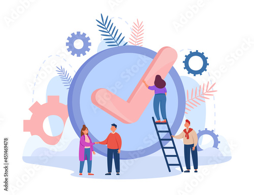Tiny office people putting up giant checkmark. Business persons shaking hands as sign of good job flat vector illustration. Time management, success, job done concept for website design, landing page