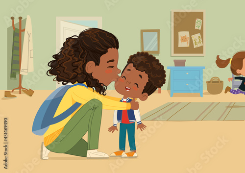 Lovely dark skin woman giving goodbye kiss to little son at nursery school vector flat illustration