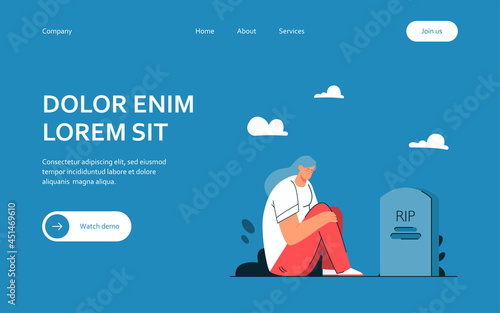 Girl mourning loss of loved one. Flat vector illustration. Cartoon woman sitting by gravestone in darkness and crying. Loss, grief, pain, death concept for banner design or landing page