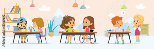 Adorable kids at classroom spending time together vector flat. School inclusive education concept.