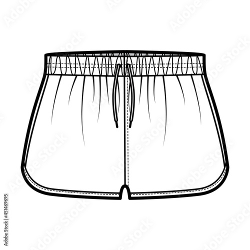 Sport training shorts Activewear technical fashion illustration with elastic low waist, rise, drawstrings, pockets, Flowy Split Hem. Flat bottom apparel template front, white color. Women CAD mockup