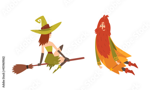 Sorcerer in Pointed Hat Practicing Wizardry and Witchcraft Flying on Broomstick and with Magic Wand Vector Set
