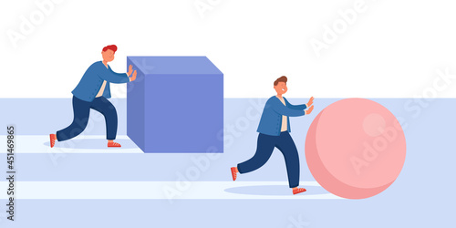 Businessman moving box while smarter competitor pushing ball. Efficient performance of creative man in race, innovative solution flat vector illustration. Challenge, competition, innovation concept