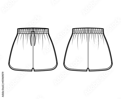 Sport training shorts Activewear technical fashion illustration with elastic normal waist, high rise, Flowy Split Hem, Relaxed fit. Flat bottom template front, back, white color. Women men CAD mockup