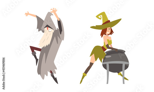 Sorcerer in Pointed Hat Practicing Wizardry and Witchcraft Boiling Poison in Cauldron Vector Set