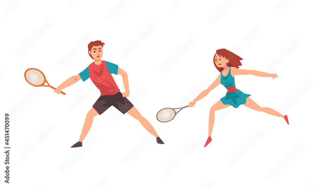 Man and Woman Playing Tennis as Racket Sport on Court Vector Set Man and Woman Playing Tennis as Racket Sport on Court Vector Set