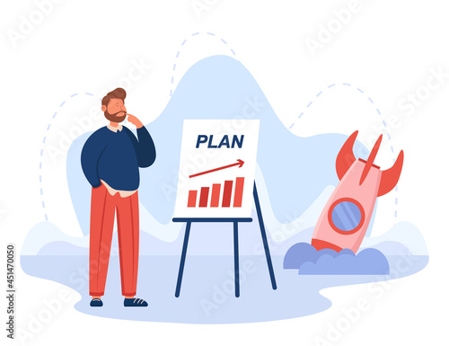 Rocket crashing due to poor plan of businessman. Bankrupt loser with bad idea or unsuccessful strategy flat vector illustration. Startup, business failure concept for website design or landing page