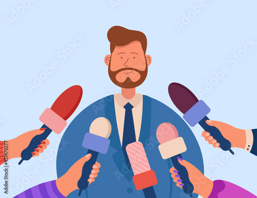 Public press taking interview with cartoon man in suit. Guy giving comments and opinion to journalists holding microphones flat vector illustration. Journalism, television concept for banner