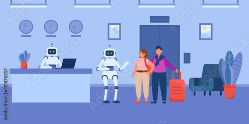 Robotic cartoon porter helping guests to elevator in hotel. Robot receptionist sitting at desk, lobby interior flat vector illustration. Modern robots, technology, traveling concept for website design
