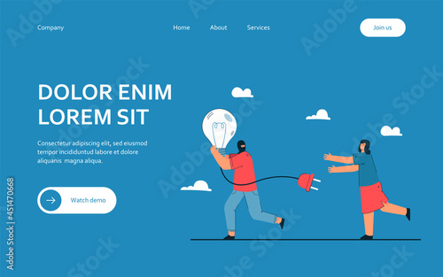 Man running away with stolen idea symbolized by light bulb. Man stealing light bulb from woman. Female character chasing thief in mask. Idea theft concept for banner, website design or landing page