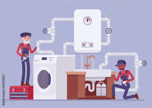 Professional plumbers installing, maintaining water pipe system in kitchen, bathroom. Technicians upgrading, replacing water heater, filtration for bathing, cooking or laundry. Vector illustration