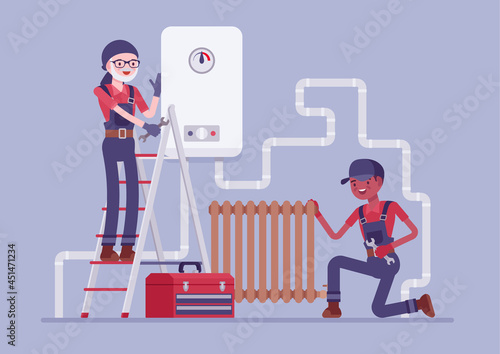 Plumbers doing inspection of plumbing work, pipe and radiator installing. Professional service technicians checking water heater installation, balancing radiator heating system. Vector illustration