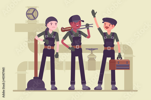 Professional plumbing service team, male technicians, fixing blocks and leakages. Experienced, fully-equipped workers to install, maintain, test pipes, fittings of heating, water. Vector illustration