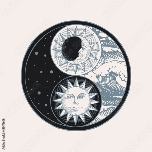 Vector yin yang symbol with sun, moon, stars and sea waves. Hand-drawn stylized sun and moon with human face, day and night. Occult and mystic sign of harmony, balance, feng shui, opposite, zen, yoga photo