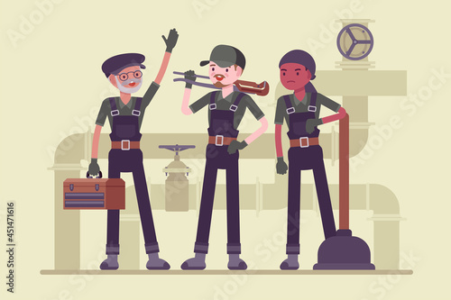 Professional plumbing service team, technicians, fixing blocks and leakages. Experienced, fully-equipped workers to install, maintain, test pipes, fittings of heating and water. Vector illustration