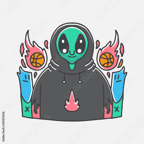 Alien wear sweater with fire basketball illustration. Vector graphics for t-shirt prints and other uses.