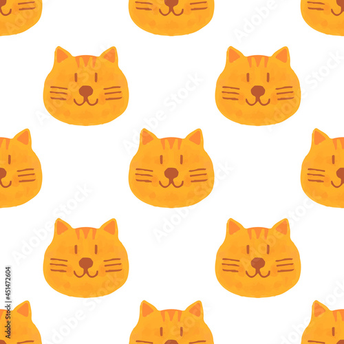 Seamless pattern of watercolor cats. Watercolor animal painting. Kids white background. Hand drawn illustration. Painted backdrop. Cloth pattern. Cat  kitten  head.