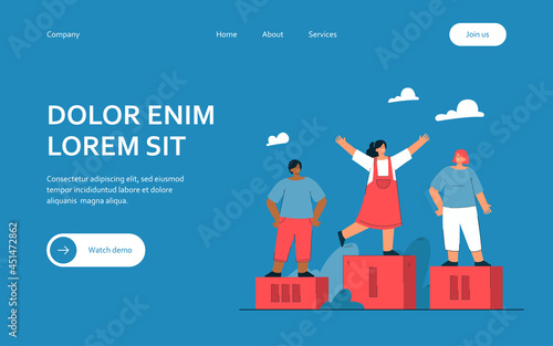 Children winning prizes and standing on podium. Flat vector illustration. Girls taking first and second places, and boy took third place in competition. Sport, victory, concurrence, rewarding concept
