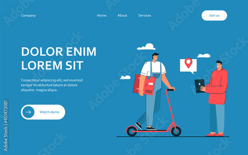 Man delivering goods vector illustration. Young male character on scooter. Deliveryman holding cardboard box. Delivery concept for banner, website design or landing web page