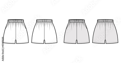 Sport training shorts Activewear technical fashion illustration with high rise, Relaxed fit, micro length. Flat bottom apparel template front, back, white grey color. Women men unisex CAD mockup