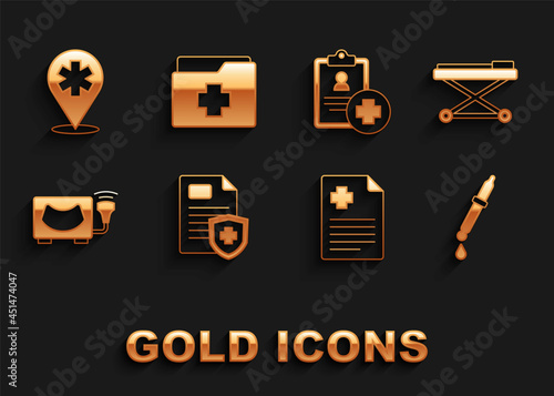 Set Patient record, Stretcher, Pipette, Ultrasound, Location hospital and icon. Vector