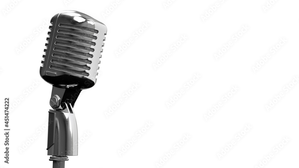 Fototapeta premium Vintage microphone, Pictures of an old Chrome color microphone on white background, 3d Illustration, Render