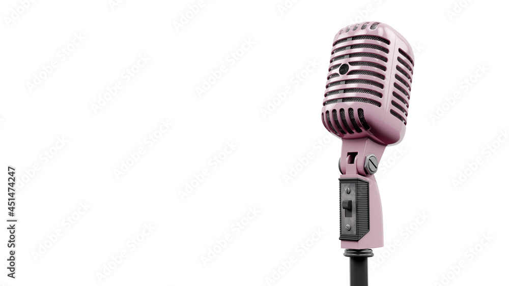 Fototapeta premium Vintage microphone, Pictures of an old pink color microphone on white background, 3d Illustration, Render