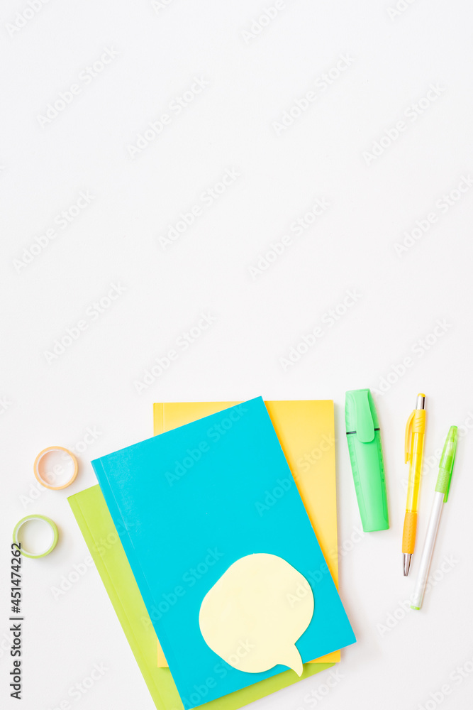 Flat lay school and office supplies on a white background Flat lay school and office supplies on a white background