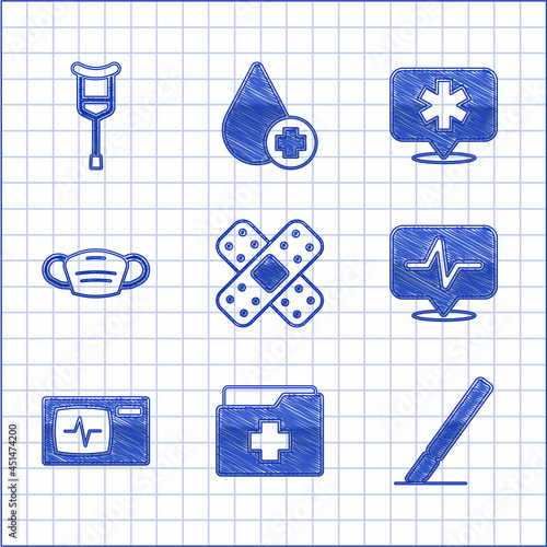 Set Crossed bandage plaster, Patient record, Surgery scalpel, Heart rate, Monitor with cardiogram, Medical protective mask, Location hospital and Crutch crutches icon. Vector