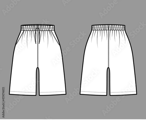 Active Shorts Sport training technical fashion illustration with elastic normal waist, Drawcord, pockets, mid-thigh length. Flat bottom apparel template front, back, white color. Women men CAD mockup