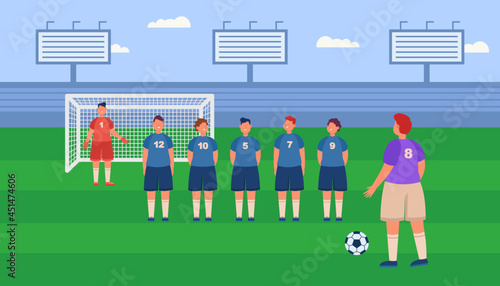 Cartoon football player ready for penalty kick at stadium. Man kicking soccer ball towards goalkeeper flat vector illustration. Sports, competition, football concept for banner, website design