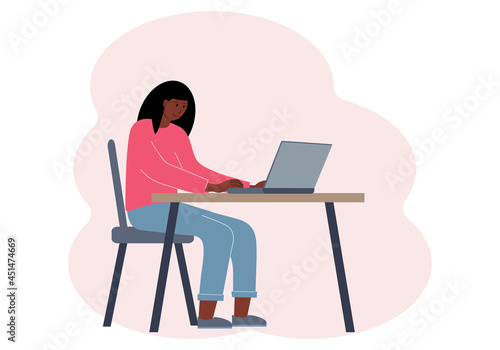 Illustration of a woman in a workspace with a laptop. Online work or education concept