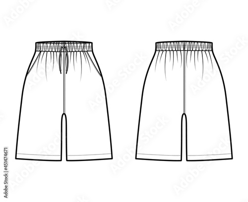 Active Shorts Sport training technical fashion illustration with elastic normal waist, high rise, Drawcord, pockets, Relaxed fit, mid-thigh length. Flat front, back, white color. Women men CAD mockup