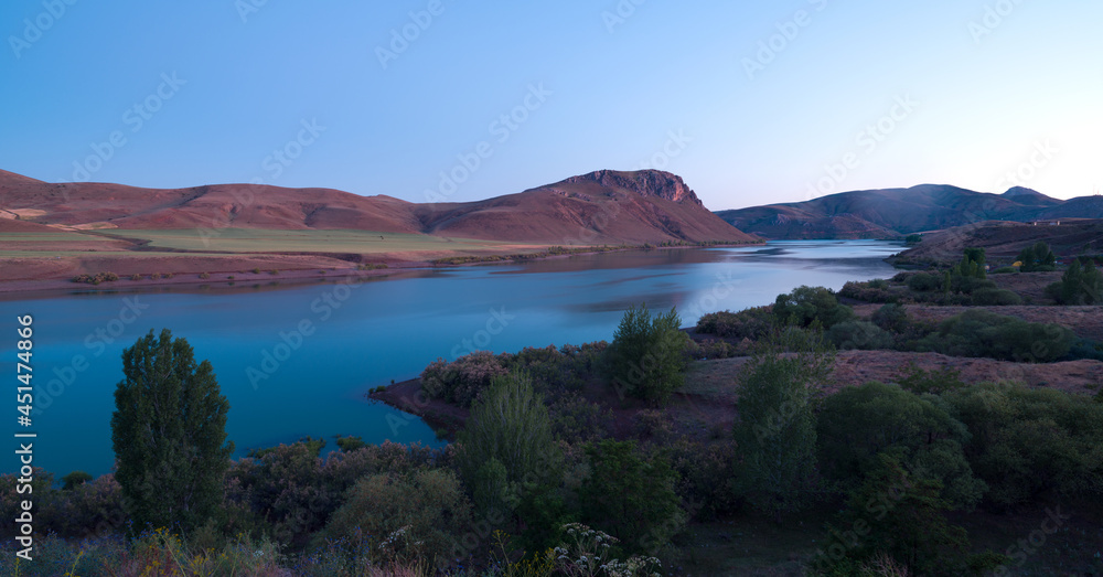Beautiful lake view at evening blue light hour
