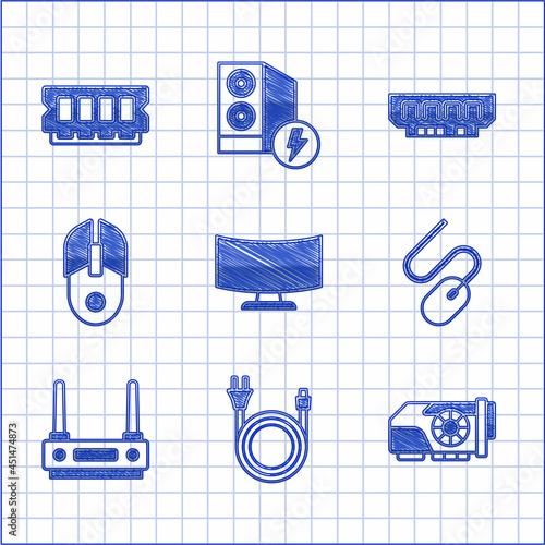 Set Computer monitor screen, Electric plug, Video graphic card, mouse, Router and wi-fi signal, RAM, random access memory and icon. Vector
