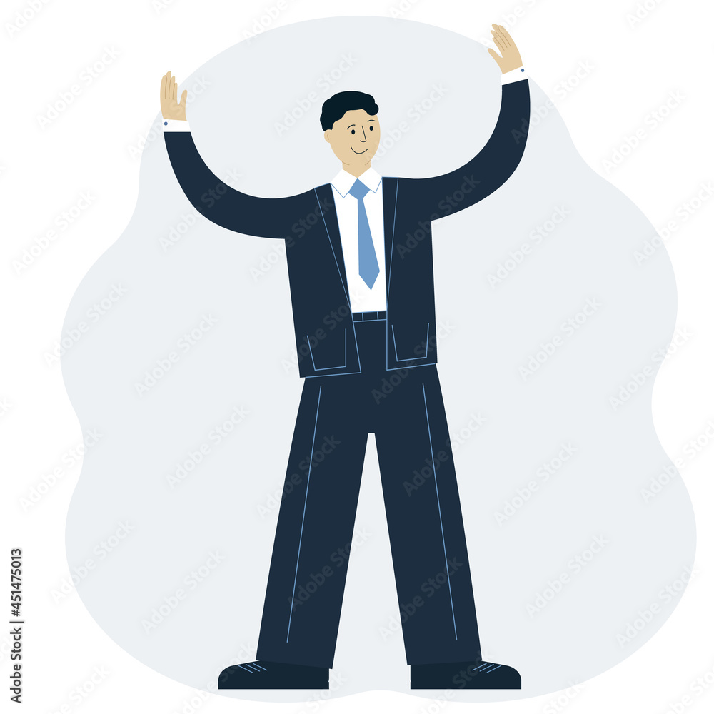 Illustration of a successful man in a suit with his hands up. Business achievement concept Illustration of a successful man in a suit with his hands up. Business achievement concept