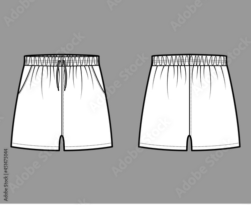 Sport training shorts technical fashion illustration with elastic low waist, rise, drawstrings, Relaxed fit, micro length. Flat bottom apparel template front, back, white color. Women men unisex CAD